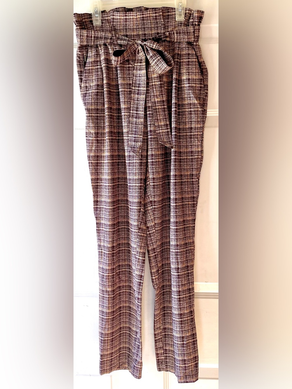 Cato Brown Cream Yellow Houndstooth Check Paper Bag Waist Sash Tie Pants Small